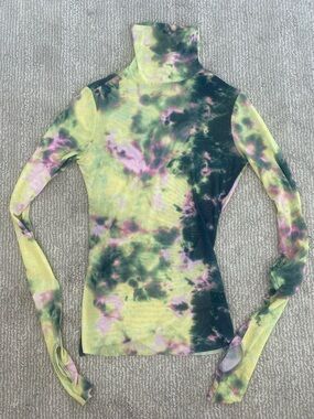 AFRM Tie-Dye Ribbed Turtleneck Long Sleeve Top in Yellow, Green & Pink